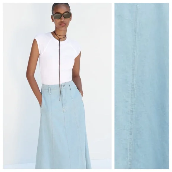 NWT. Zara Light Blue Z1975 Denim High Waist Midi Skirt. Size XS. - Picture 2 of 11